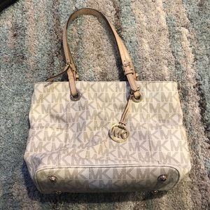 michael kors white and cream lettered tote purse